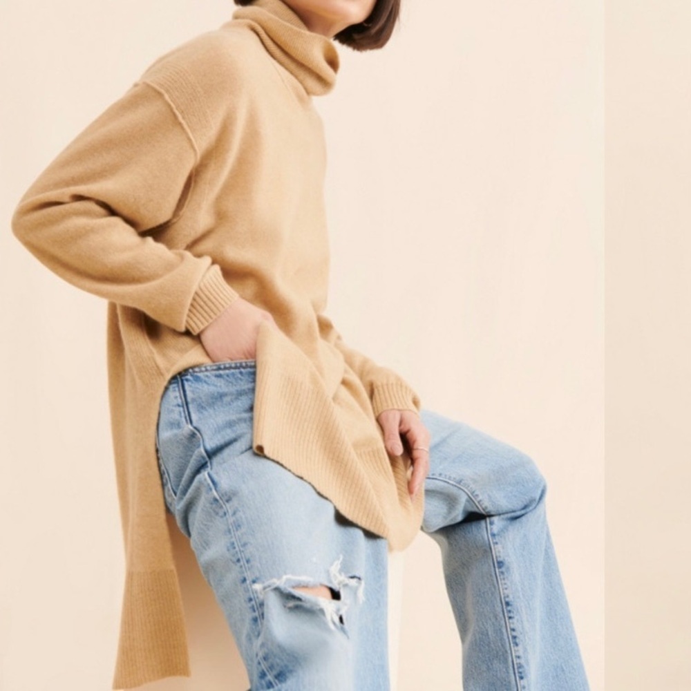 We the Free Jessie Cashmere Turtleneck Tunic Sweater, Tan‎ - Picture 3 of 9